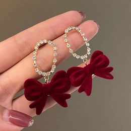 Dangle & Chandelier Fashion Oval Crystal Bow Knot Stud Earring For Women Dark Red Flocking Flannel Earrings Girls Party Christmas Jewellery Gifts