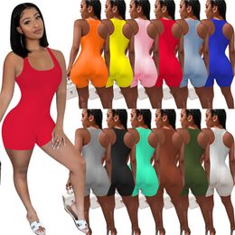 Wholesale fashion solid rompers sleeveless onesies jumpsuits overalls one piece shorts sexy skinny playsuit slim panelled jumpsuit women clothes klw6569