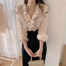 Spring Autumn Women's Blouse Korean V-neck Stitching Contrast Colour Ruffled shirt Single-breasted Long-sleeved Tops LL375 210506