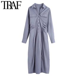 TRAF Women Chic Fashion With Pockets Pleated Midi Shirt Dress Vintage Long Sleeve Button-up Female Dresses Mujer 210415