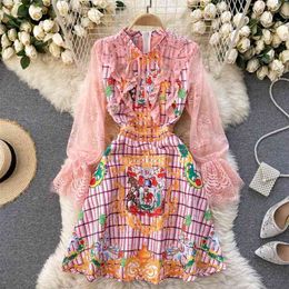 Fashion Runway Dress Chic Bow tied Stand Collar Hollow Out Lace Spliced Flare Sleeve Vintage Party Women 210603