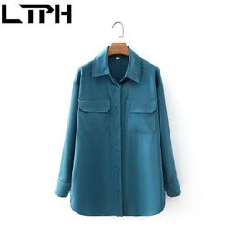 vintage blouses for women Long Sleeve double pocket satin shirts loose Boyfriend Style Shirt tops Spring Autumn 210427