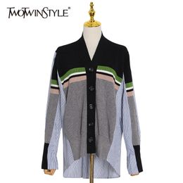 TWOTWINSTYLE Hit Colour Striped Shirt For Female V Neck Long Sleeve Patchwork Knitted Casual Blouse Women Autumn Fashion 210517