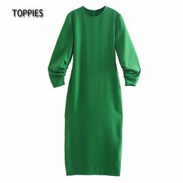 Toppies Green Maxi Dress Woman Short Sleeve Slim Dress O-neck Ruched Pleated Sleeve Elegant Dress Ladies 210412