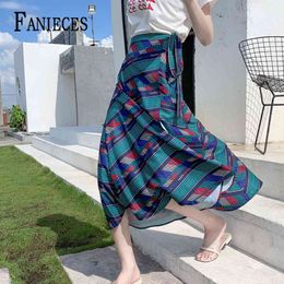 Vintage Plaid Print Long Skirts Women High Waist Midi Bow Tie Summer Sexy Split Wrap Ladies Green Beach wear 210520