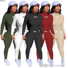 Women Ribbed Knitted Tracksuits Two Pieces Set Deisgner BODY Letter Embroidery Fitness Slim Sexy Long Sleeve Ribbed Tops Bodycon Workout Legging Athleisure