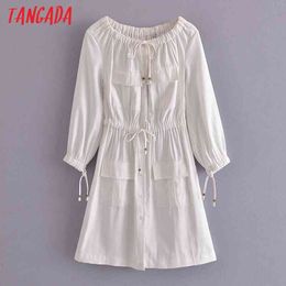 Fashion Women Off Shoulder White Shirt Pocket Long Sleeve Ladies Mini Dress 3W147 210416