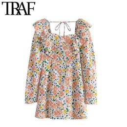 Women Chic Fashion With Ruffled Floral Print Mini Dress Vintage Long Sleeve Side Zipper Female Dresses Mujer 210507