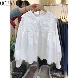 Korean Tops Lace Patchwork Solid Blusas Mujer Spring Sweet Elegant Loose Blouses Lantern Sleeve Shirts 19559 210415