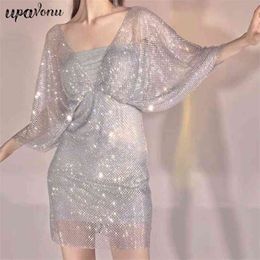 Free Women's Hollow Mesh Patchwork Dress Mini Sexy V-neck Bat Sleeve Bodycon Club Shiny Diamond Vestidos 210524