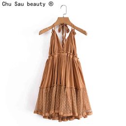 Summer Solid Colour Lace Stitching V Neck Sexy Backless Mesh Short Dress Camisole Holiday Beach Female 210514