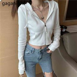 Korean Spring Fashion Hooded Short Knitted Jackets Zippers Slim White Long Sleeve V-Neck Women Tops Office Ladies 210601