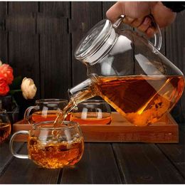 1000ml/1800ml Glass Kettle Water Jug Heat Resistant Flower Teapots with Bamboo Lid Stainless Steel Cover Clear Juice Container 210621