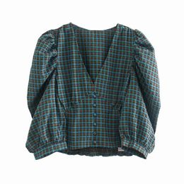 vintage v neck women short shirts summer fashion button-fly ladies blouses casual plaid female shirt sexy girls blouse 210430