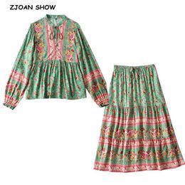 BOHO Lacing up Collar Floral Print Pullover Shirt Women Elastic Waist Maxi Long Skirt Pink Holiday 2 Pieces Set 210429