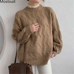 Thick Twisted Knitted Women Sweater Pullover Spring Lace Collar Fake Two Pieces Vintage Fashion Korean Jumpers Tops Femme 210513