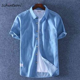 Schinteon Summer Men 100% Cotton Shirt Short Sleeve Thin Slim Casual Denim Slub Comfortable Arrival 210721