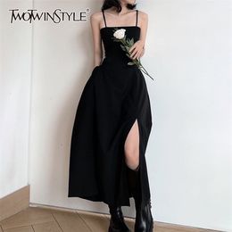 Black Split Sling Dress For Women Square Collar Sleeveless High Waist Temperament Dresses Female Fashion 210520