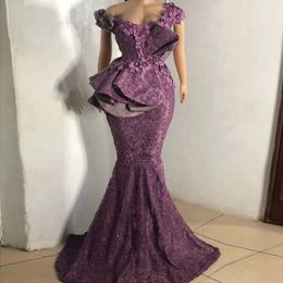 보라색 aso ebi Mermaid Evening Dreess Off Shoulder Lace ruffled plus 크기 아프리카 여성 무도회 가운 포도 형식 파티 드레스 vestido de novia