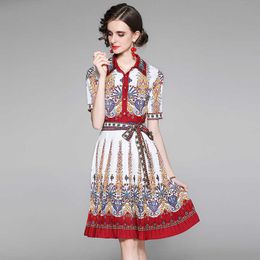 Women Summer Designer Elegant Pleated Dress Fashion Short Sleeve Casual Party Robe Female Vintage Printed Shirt Dress Vestidos 210525