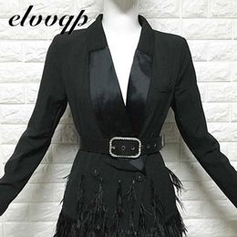 Spring Autumn Fashion Blazer Women Jacket Black Feathers Notched Celebrity Runway Jackets Elegant Lady Blazer Jaqueta Feminina X0721