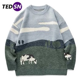 TEDSN Men Cow Vintage Winter Sweater Pullover O-Neck Korean Knitted Sweater Women Casual Harajuku Knit Streetwear Oversize 211109