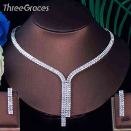 ThreeGraces Romantic Shiny White Cubic Zirconia Square Dangle Earrings and Necklace Bridal Wedding Jewelry Set for Brides TZ606 H1022