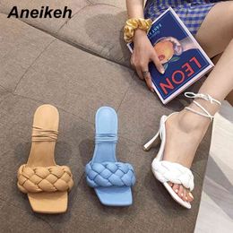 Fashion Slippers Slides Women Rubber Cross-tied Flip Flops Square Toe Mules Thin Heels Party Ladies Shoes 35-41 210507