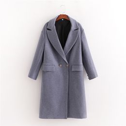 Evfer Women Fashion Winter Double Breasted Loose Coats Female Casual Woollen Blue Outwear Ladies Elegant Thick Long Jackets 210421