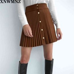 XNWMNZ Za women pleated faux leather skirt female Ladies mini sexy skirts with metal snap button front fastening 210621