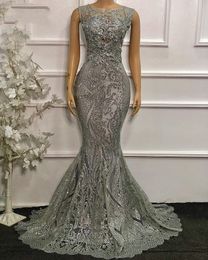 2021 Silver Mermaid Evening Gowns shiny Sequin Lace applique Dubai Prom Dresses Caftan Boda robe de soirée mariage