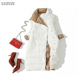 LUZUZI Women Double Sided Down Long Jacket Winter Turtleneck White Duck Down Coat Double Breasted Warm Parkas Snow Outwear 210918