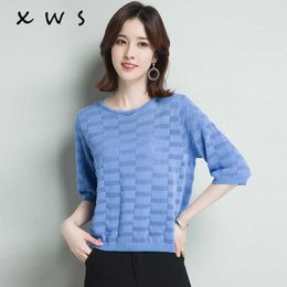 blue white summer Sweater Women solid Knitted Sweater Pullovers short sleeve tops hollow out Wave Cut V-neck Basic office 210604