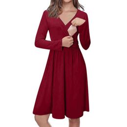 Maternity Women Solid Short Long Sleeve A-Line Dresses Casual Pullover V-Neck Breastfeeding Side Open Pregnant Pleated Clothing G220309