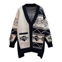 Women Sweater Knitted V Neck Cardigan Button Navy Blue Geometric Oversize Autumn Fall Warm M0280 210514