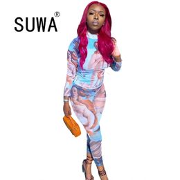 Chic Print Summer Ladies Tracksuit Female Elastic Long Sleeve Two Piece Outfits Women Sportwear Fitness 2 Matching Sets 210525