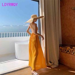 LDYRWQY summer Korean fashion chiffon open back sexy solid Colour beach dress Office Lady Polyester 210416