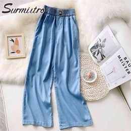 Floor Length Wide Leg Baggy Long Pants Women Summer Cool Ice Fabric Korean Style Female High Waist Trousers Blue 210421