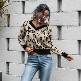 leopard print v neck sweater pullovers women knitted casual streetstyle basic sweater tops autumn winter 210415