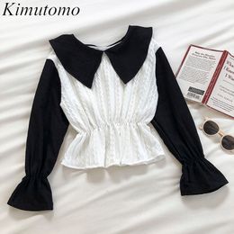 Kimutomo Women Elegant Peter Pan Collar Blouses French Style Spring Autumn Female Contrast Colour Panelled Slim Flare Sleeve Tops 210521