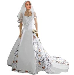 2021 feminino longo branco miçangas vestidos camo cetim casamento querida rendas apliques vestidos de noiva rendas de volta com véu camuflagem 270o
