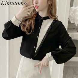 Kimutomo Casual Patchwork Chiffon Blouse Spring Autumn Fashion Female Stand Collar Contrast Color Panelled Long Sleeve Tops 210521