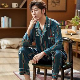 Mens Silk Satin Pyjamas Set Long Sleeve Sleepwear Pajama Autumn Spring Homewear Plus Size L-5XL 211110