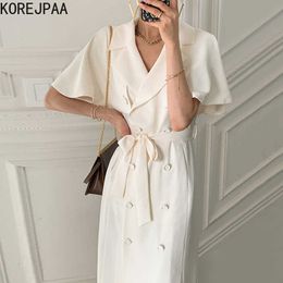 Korejpaa Women Dress Summer Korean Chic French Temperament Suit Collar Detachable Shawl Double-Breasted Lce-Up Vestidos 210526