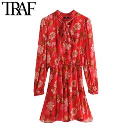 TRAF Women Fashion With Bow Floral Print Pleated Mini Dress Vintage Long Sleeve Side Zipper Female Dresses Mujer 210415