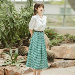 YOSIMI Women Skirt and Top Set Turn-down Collar Short Sleeve White Shirt Green Plaid Long Office Lady 2 Piece Outfits 210604