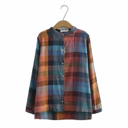 Spring Autumn Arts Style Women Long Sleeve Loose Shirts Vintage Plaid Cotton Linen Blouse Femme Casual Tops Plus Size V230 210512