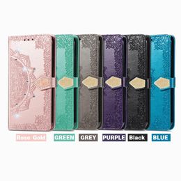 Wallet Phone Cases for iPhone 14 13 12 11 Pro Max X XS XR 7 8 Plus Rhinestone Mandala Embossing PU Leather Flip Kickstand Cover Case with Card Slots