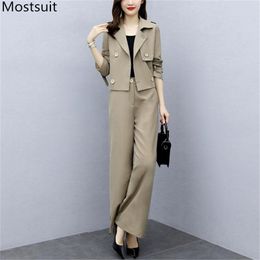 Autumn Fashion Office Two Piece Sets Suits Women Double-breasted Coat + Wide Leg Pants Outfits Workwear Ladies Femme 210513