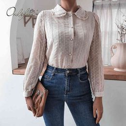 Summer Vintage Women Lace Shirt Long Sleeve Single Breasted Embroidery Office Blouse Sweet Lady Top 210415